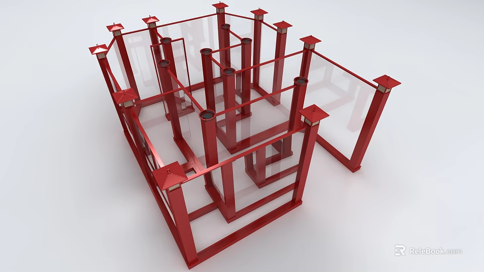 Interactive Zone Featuring Modern Red Frame Structure Transparent Panels And Columns 3d model 