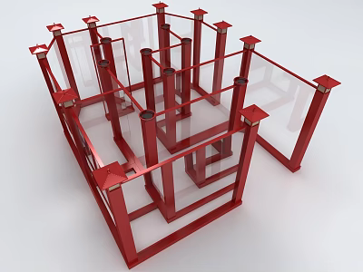 Interactive Zone Featuring Modern Red Frame Structure Transparent Panels And Columns 3d model