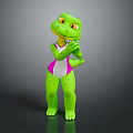 Cartoon Green Reptile Character in Pink and White Onesie with Clasped Hands on Dark Background
