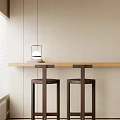 Minimalist Wooden Bar Counter With Dark Bar Stools Window Blinds And Lantern Pendant Light