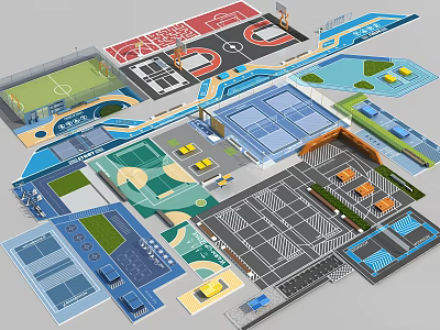 Modern Multi Sports Fitness Complex With Basketball Court Football Field And Tennis Court 3d model
