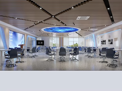 Modern Conference Room With Wooden Ceiling Circular LED Light Spacious Layout And Gray Meeting Chairs 3d model