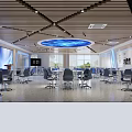 Modern Conference Room With Wooden Ceiling Circular LED Light Spacious Layout And Gray Meeting Chairs