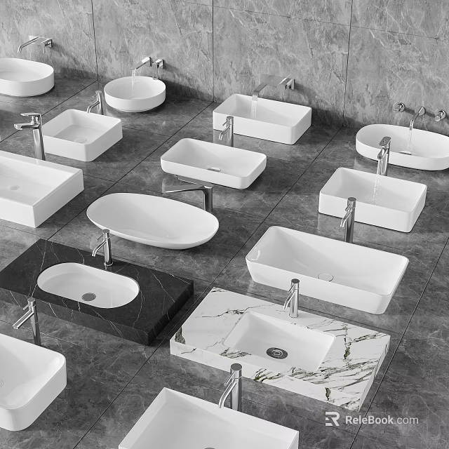 Various Shapes And Materials Of Modern Washbasins White Black Marble On Grey Floor With Faucets 3d model 