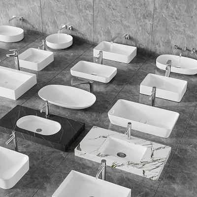Various Shapes And Materials Of Modern Washbasins White Black Marble On Grey Floor With Faucets 3d model