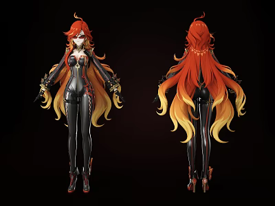 Game and Movie Character With Red Orange Gradient Long Hair Black Outfit Front Back View 3d model