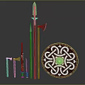 Ancient Medieval Weapons Display With Spear Axe Shield And Swords Featuring Intricate Patterns 3d model