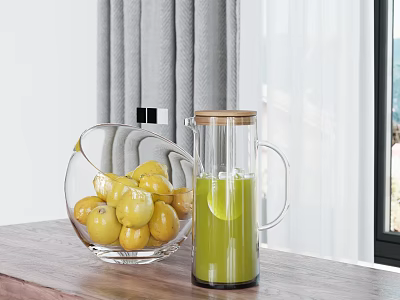 Transparent Glass Bowl With Yellow Fruits And Glass Jug Of Green Liquid On Wooden Tabletop 3d model
