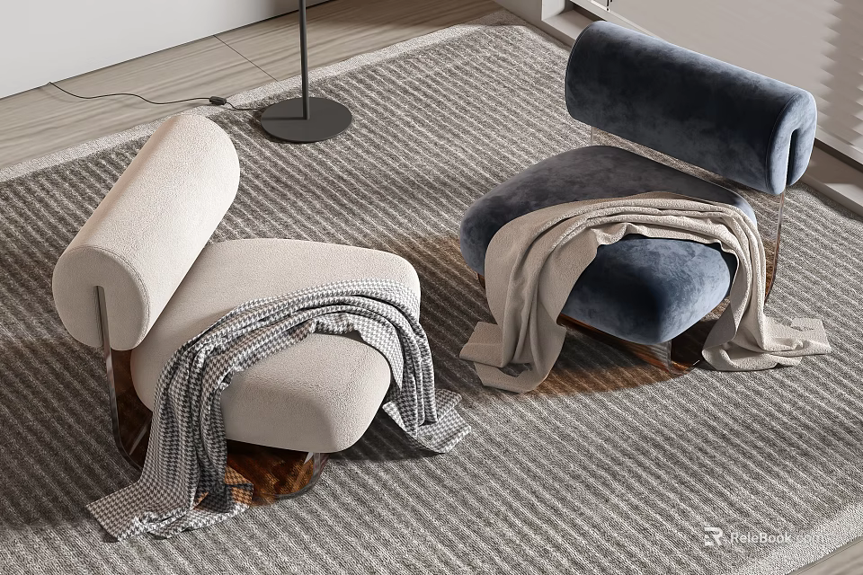 Two Single Sofas in Light Beige and Deep Blue with Thrown Blankets on Gray Rug 3d model