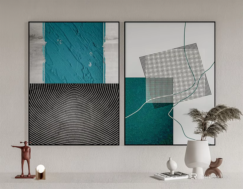 Modern Abstract Wall Art With Teal Tones And Geometric Patterns Design 3d model