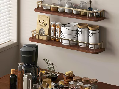 Golden Wall Mounted Shelves With Spice Jars Bread Box And Stacked Dishes In Kitchen 3d model