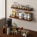 Golden Wall Mounted Shelves With Spice Jars Bread Box And Stacked Dishes In Kitchen