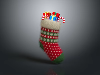Festive Red Green Christmas Stocking with Snowflake Patterns Stuffed with Gifts and Candy Canes 3d model