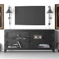 Industrial Black TV Stand With Mesh Doors Wall Lamps And Framed Art Decor