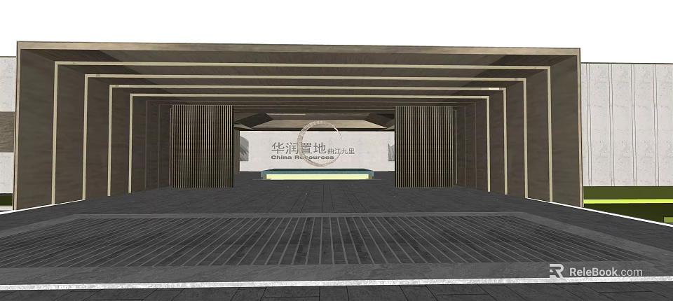 Modern Commercial Building Entrance With Spacious Design Vertical Pillars And Tiled Floor 3d model 