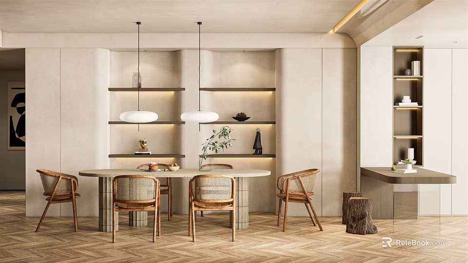 Modern Restaurant Interior Featuring Round Dining Table Rattan Chairs Wooden Flooring And Pendant Lights 3d model 