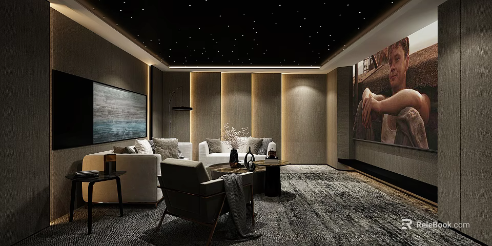 Home Theater With Starry Ceiling Large Screen TV Comfortable Sofas And Wall Painting 3d model 