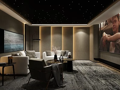 Home Theater With Starry Ceiling Large Screen TV Comfortable Sofas And Wall Painting 3d model