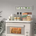 White Kitchen Shelf with Food Containers Jars Bottles and Decor Above Oven