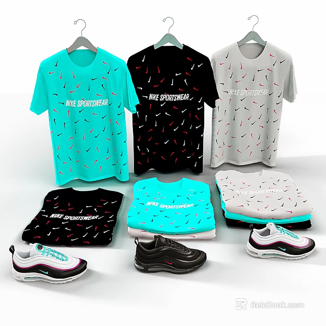 Stylish Modern T shirts With ONE ENVIRONMENT Print Blue Green Black Light Gray And Sneakers 3d model 