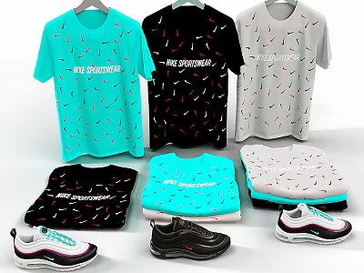 Stylish Modern T shirts With ONE ENVIRONMENT Print Blue Green Black Light Gray And Sneakers 3d model