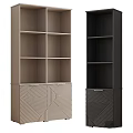 Stylish Display Cabinets Featuring Multiple Shelves Black Brown Beige Tones And Geometric Design Bases