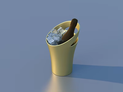 Yellow Ice Bucket for Chilling Beverages with Ice Cubes and Brown Bottle 3d model