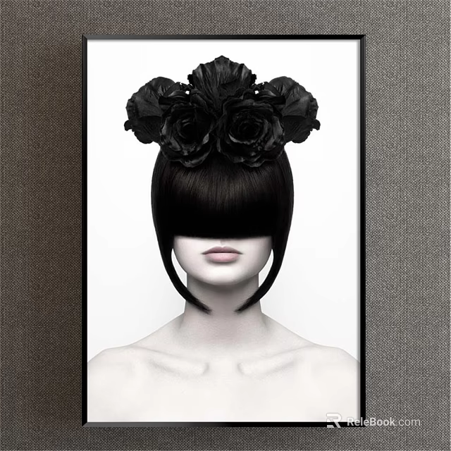 Figurative Painting Of Female With Black Flower Headdress And Bangs Covering Eyes 3d model 