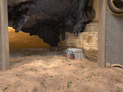 Basement Cave Interior With Sandy Ground White Containers Pipes Black Debris And Brick Walls 3d model