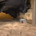 Basement Cave Interior With Sandy Ground White Containers Pipes Black Debris And Brick Walls