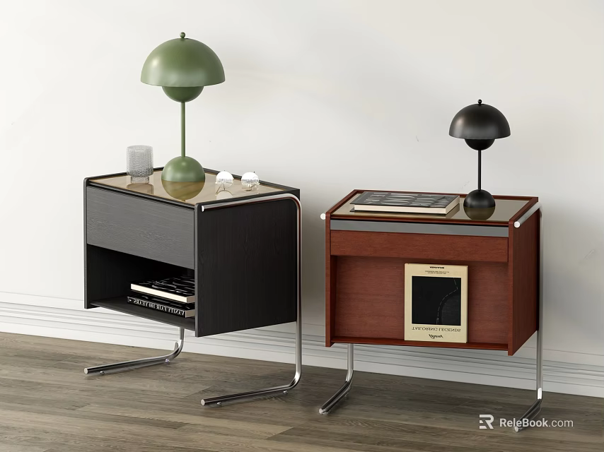 Modern Black And Brown Wooden Bedside Tables With Lamps Books Drawers And Photo Frame 3d model 