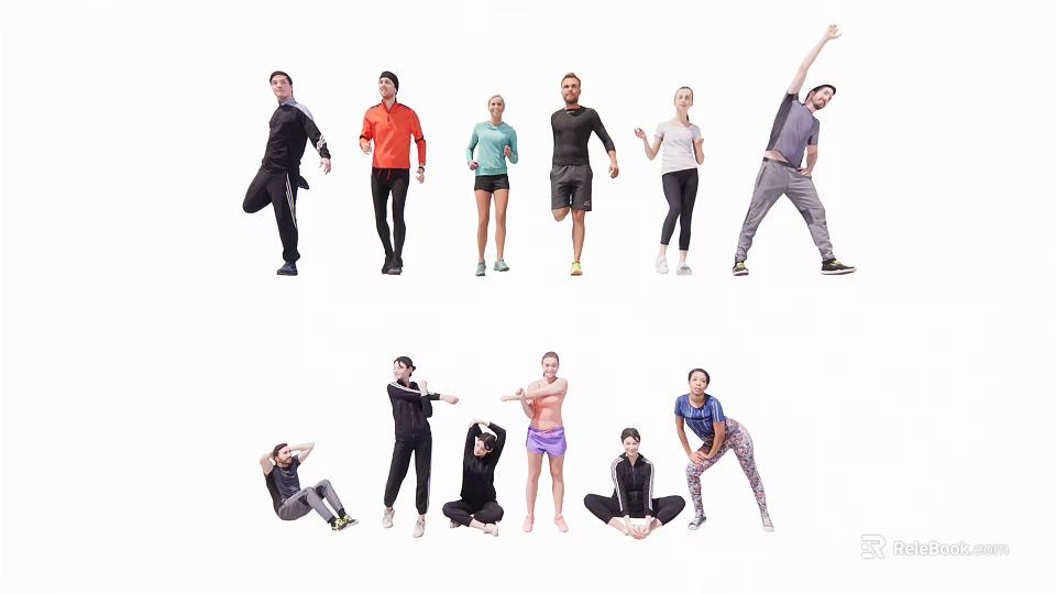 Group of People Doing Fitness Exercises With Stretching Standing Squatting And Sitting Poses 3d model 