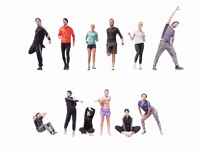 Group of People Doing Fitness Exercises With Stretching Standing Squatting And Sitting Poses 3d model