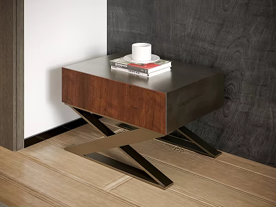 Modern Bedside Table With Wood Top Metal Cross Legs And White Mug Stack Of Books 3d model