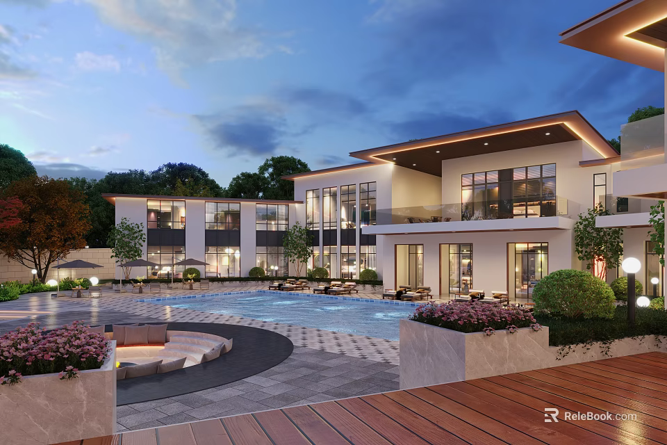 Modern Garden Wall in Luxury Courtyard with Swimming Pool Landscaping and Lighting 3d model 