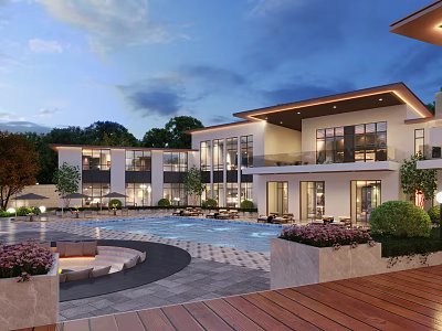 Modern Garden Wall in Luxury Courtyard with Swimming Pool Landscaping and Lighting 3d model