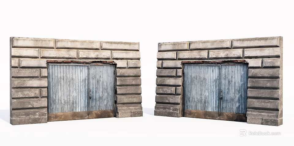 Double Vintage Entrance Gate With Stone Frame And Corrugated Metal Doors 3d model 