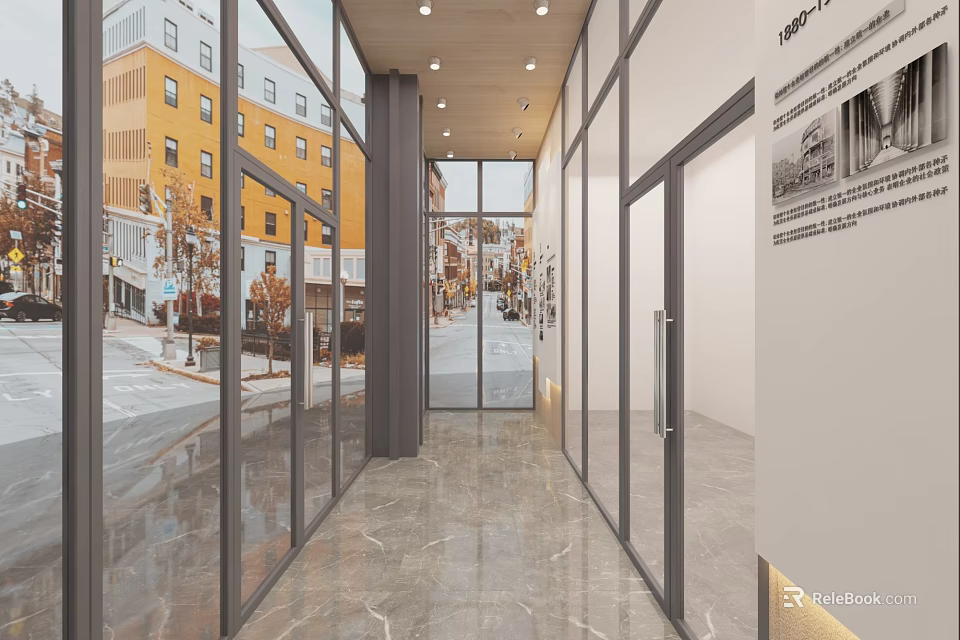 Modern Cultural Center Corridor With Glass Windows Marble Floor Wooden Ceiling And Display Wall 3d model 