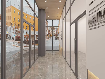 Modern Cultural Center Corridor With Glass Windows Marble Floor Wooden Ceiling And Display Wall 3d model