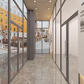 Modern Cultural Center Corridor With Glass Windows Marble Floor Wooden Ceiling And Display Wall