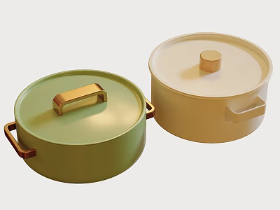Modern Stylish Kitchen Cooking Pots With Green Cream Colors And Golden Wooden Handles 3d model