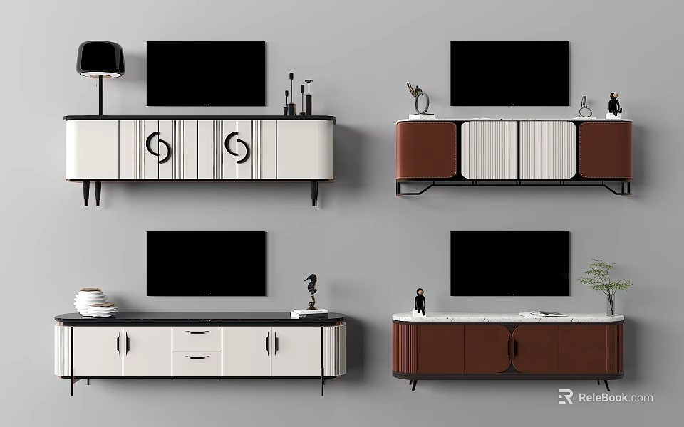 Modern White And Brown TV Stands With Drawers Cabinets And Decorative Items 3d model 