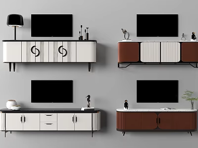 Modern White And Brown TV Stands With Drawers Cabinets And Decorative Items 3d model