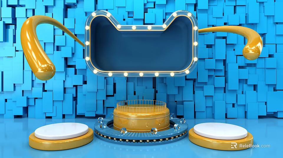 Commercial Equipment Display With Lighted Frame On Blue Square Background And Golden Stand 3d model 