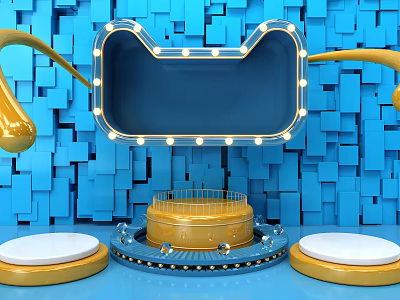 Commercial Equipment Display With Lighted Frame On Blue Square Background And Golden Stand 3d model