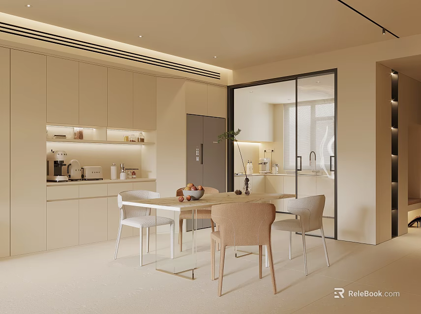 Modern Minimalist Restaurant Interior Design With Dining Table Chairs And Neutral Tones 3d model