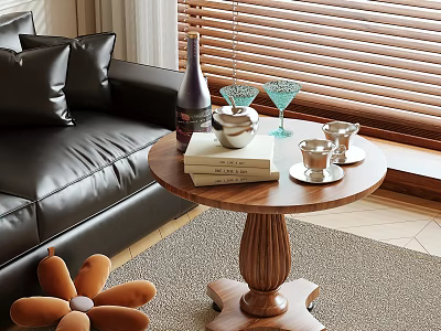 Round Wooden Coffee Table With Wine Bottle Blue Glasses Books And Black Leather Sofa 3d model