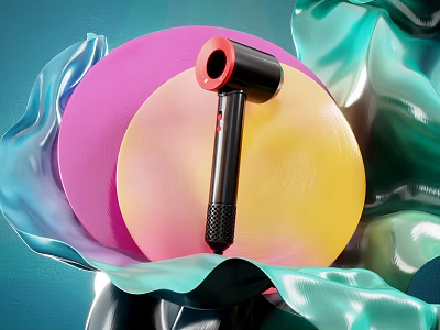 Stylish Black And Red Hair Dryer With Colorful Circular Backdrops And Green Wavy Fabric 3d model