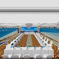 Elegant Conference Room With Long Table White Chairs Laptops Flower Arrangement And Blue Screens