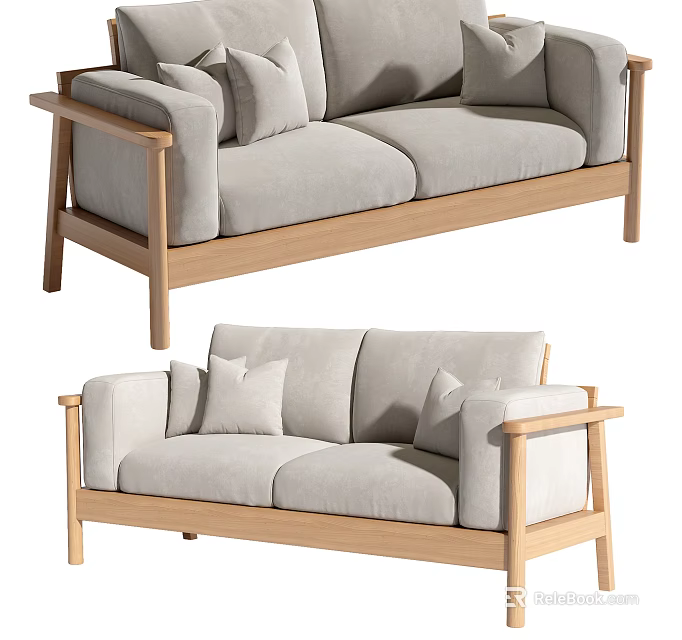 Modern Two Seater Sofa Light Gray Fabric With Wooden Frame Armrest And Cushions Design 3d model 